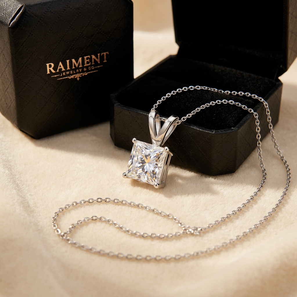 Princess cut moissanite pendant styled beside jewelry box on cream, Raiment Jewelry & Co.