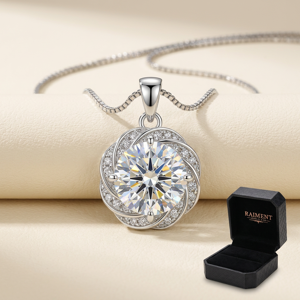 Princess cut moissanite pendant on cream background, Raiment Jewelry & Co.