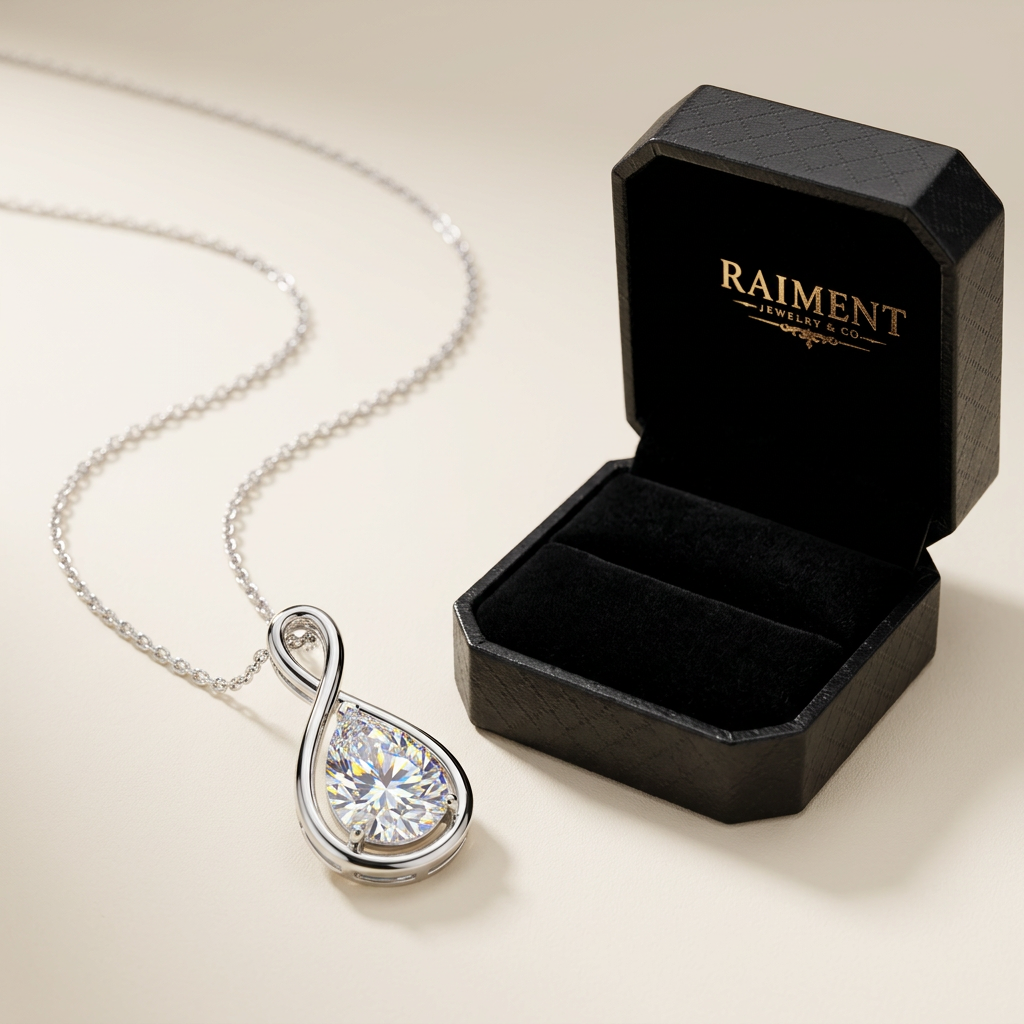 Raiment Jewelry & Co. pear cut moissanite pendant beside open jewelry box on cream background