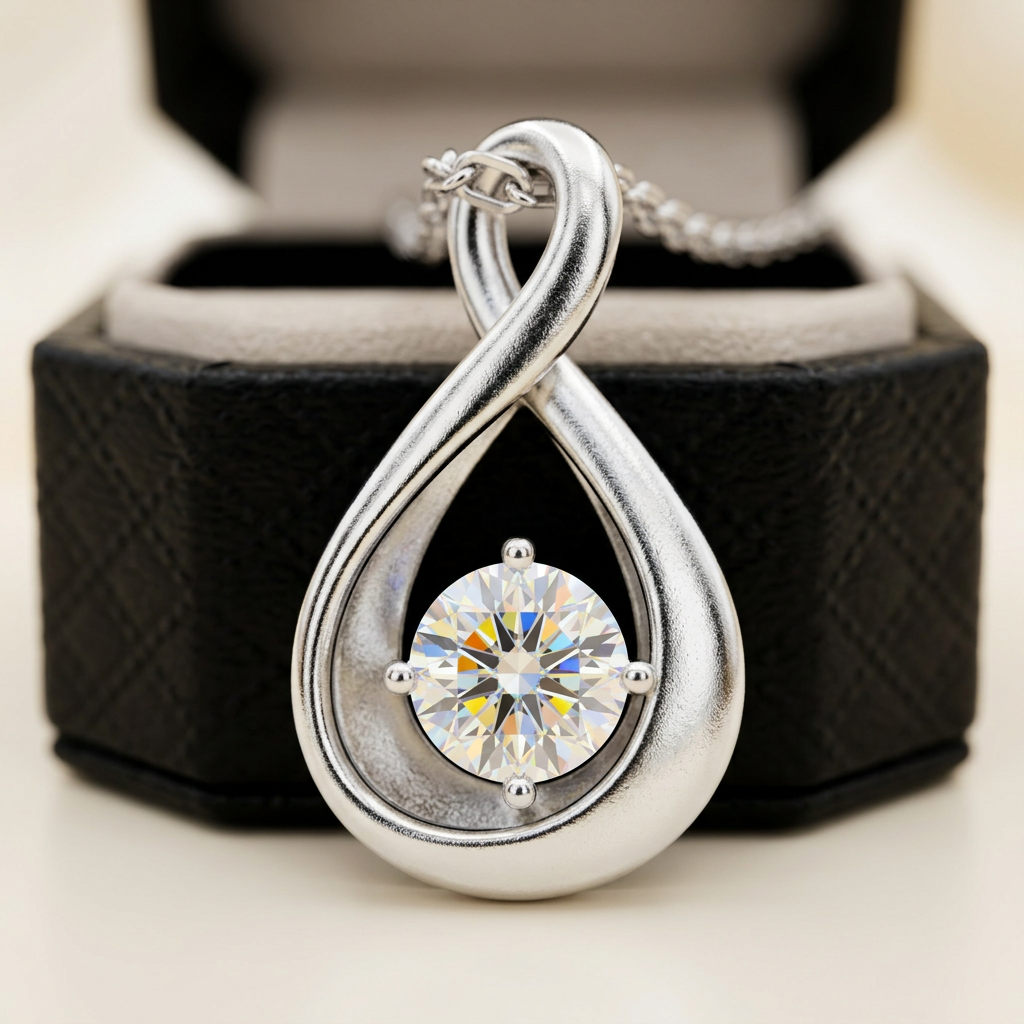 Pear cut moissanite pendant necklace macro close-up, Raiment Jewelry & Co.