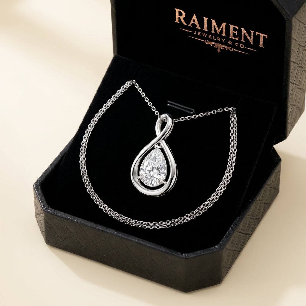 Pear cut moissanite pendant inside open jewelry box, Raiment Jewelry & Co.