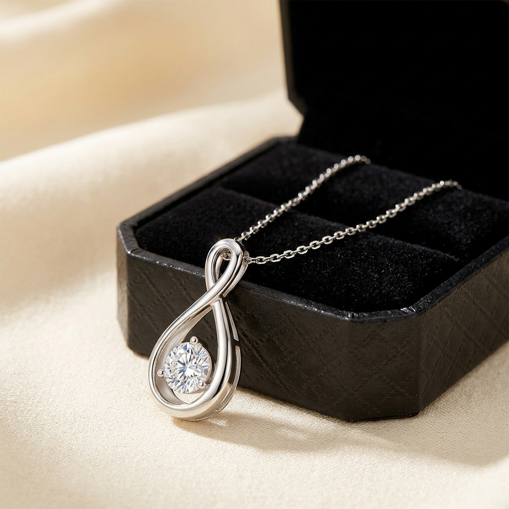 Pear cut moissanite pendant styled beside jewelry box on cream, Raiment Jewelry & Co.