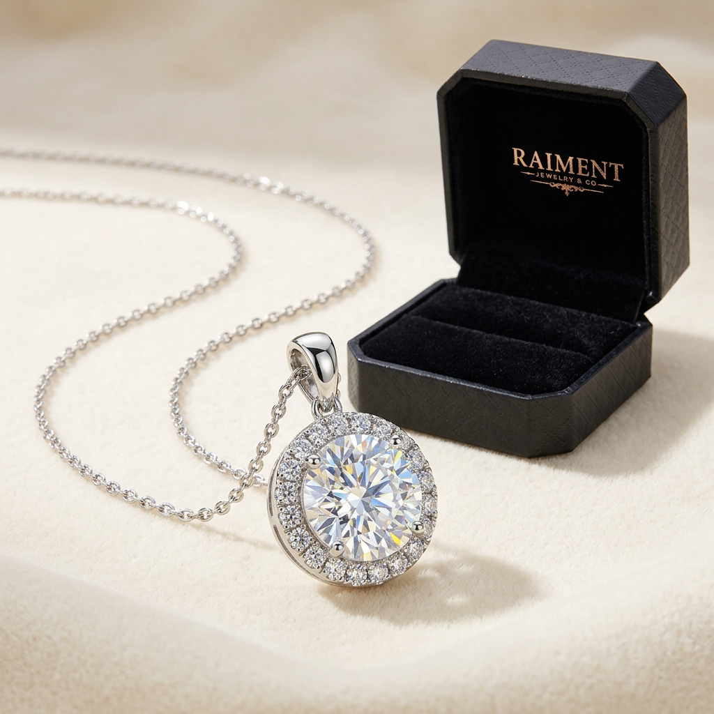 Raiment Jewelry & Co. halo pear moissanite pendant beside open jewelry box on cream background