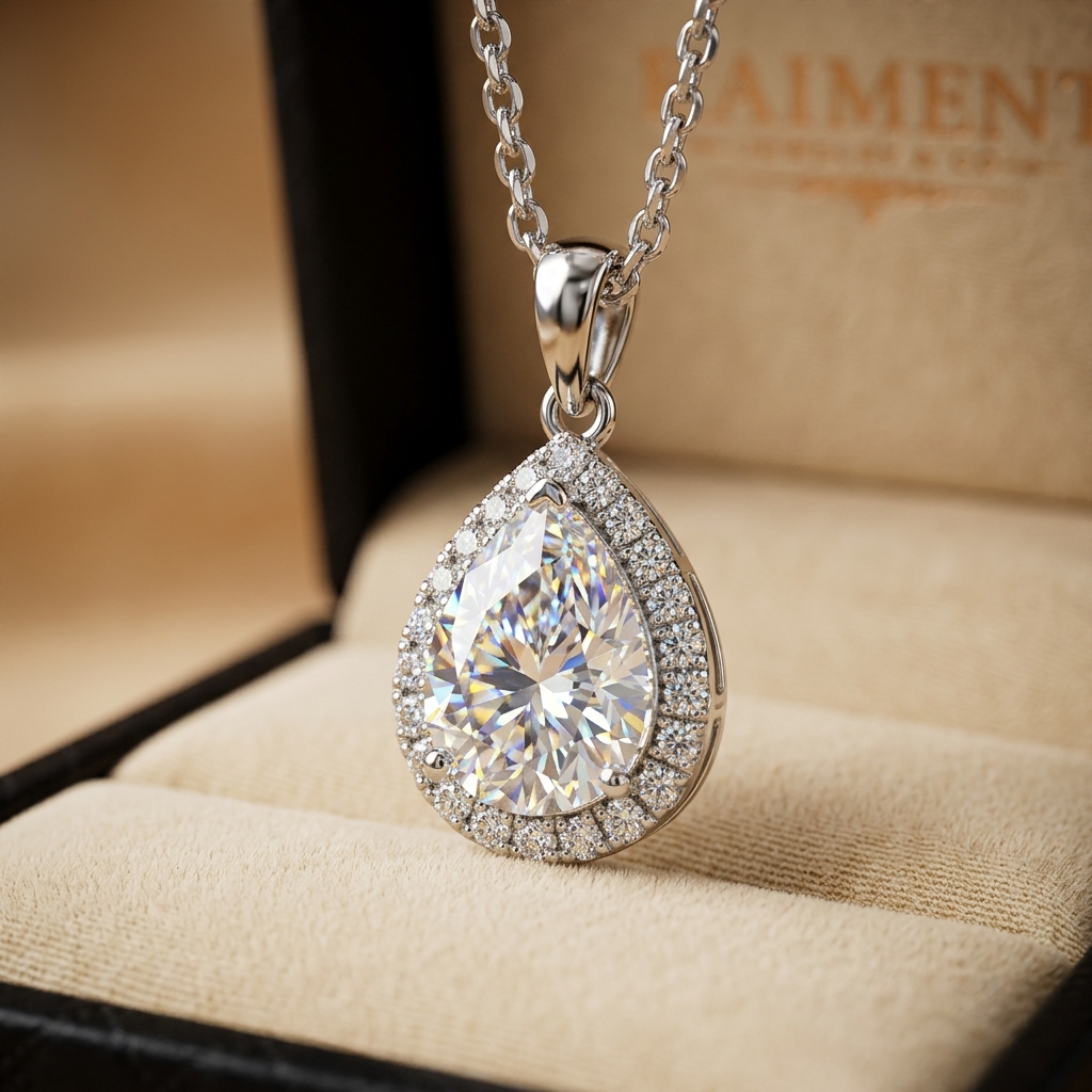 Halo pear moissanite pendant necklace macro close-up, Raiment Jewelry & Co.