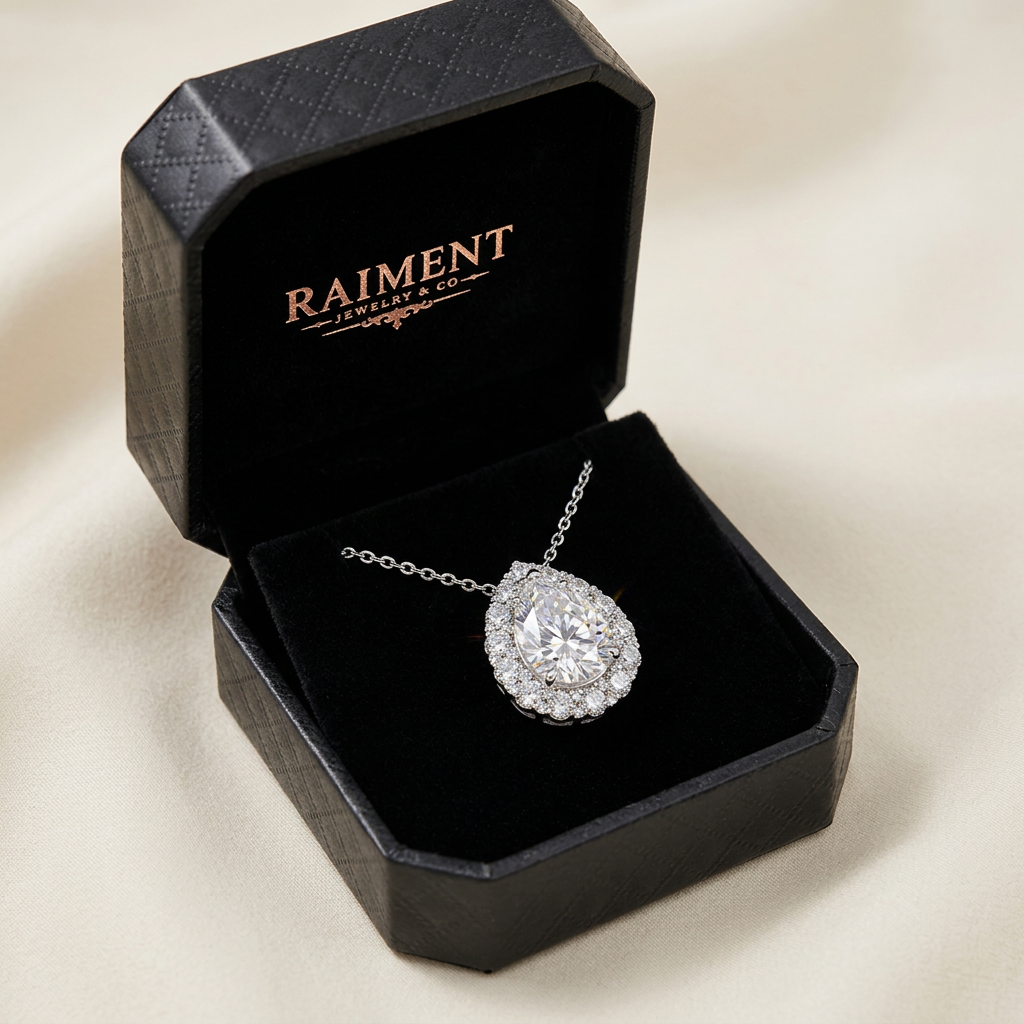 Halo pear moissanite pendant inside open jewelry box, Raiment Jewelry & Co.