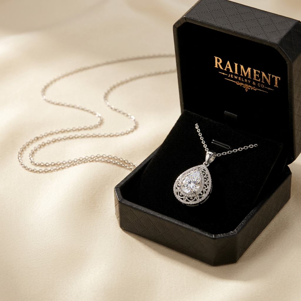 Halo pear moissanite pendant styled beside jewelry box on cream, Raiment Jewelry & Co.