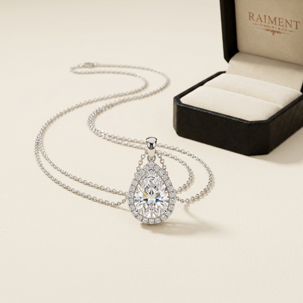 Halo pear moissanite pendant on cream background, Raiment Jewelry & Co.