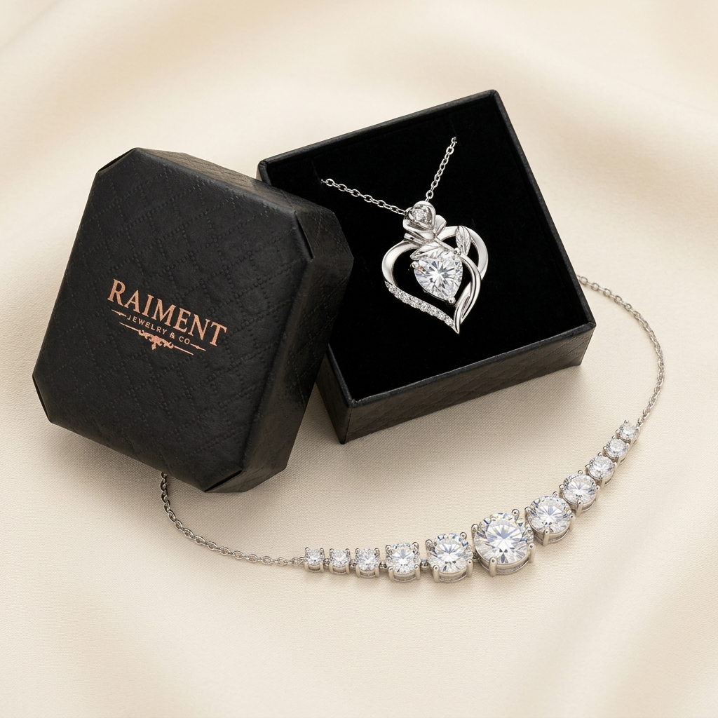 Raiment Jewelry & Co. moissanite graduated journey necklace beside open jewelry box on cream background