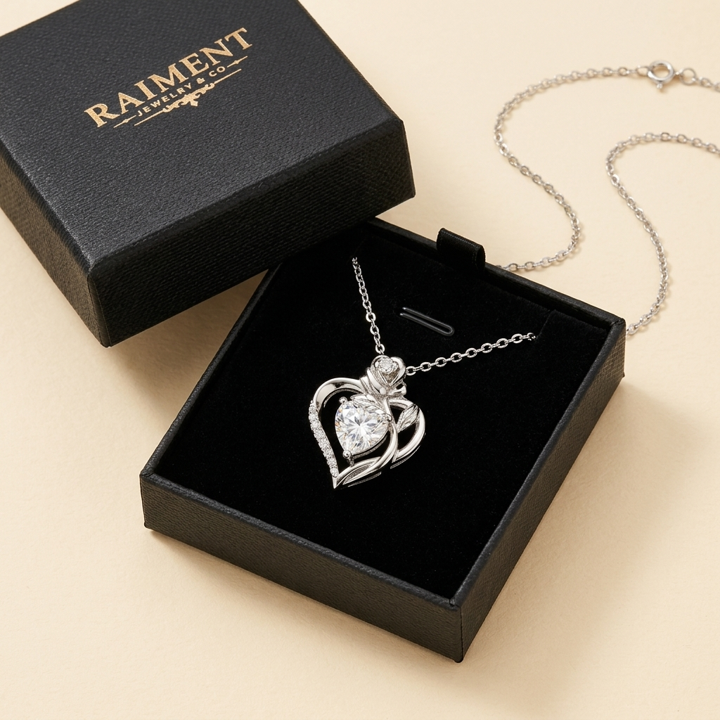 Moissanite graduated journey necklace inside open jewelry box, Raiment Jewelry & Co.