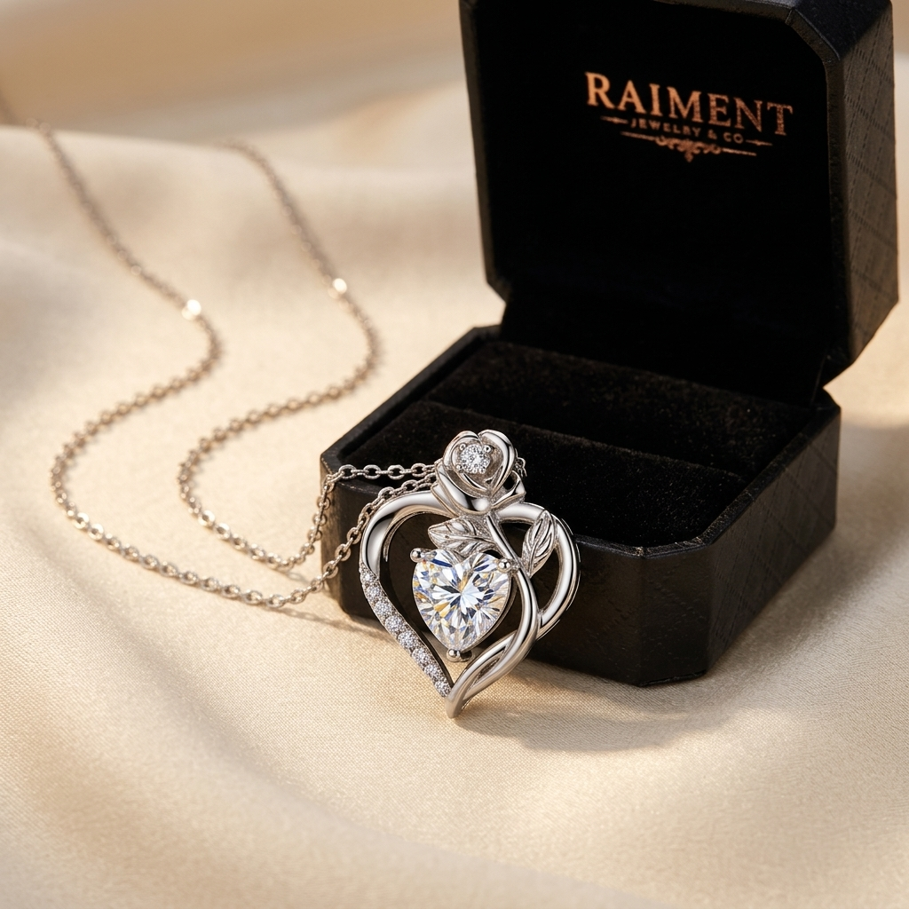 Moissanite graduated journey necklace styled beside jewelry box on cream, Raiment Jewelry & Co.