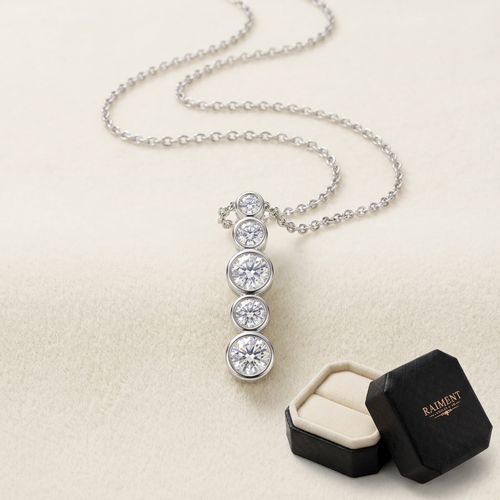 Moissanite graduated journey necklace on cream background, Raiment Jewelry & Co.