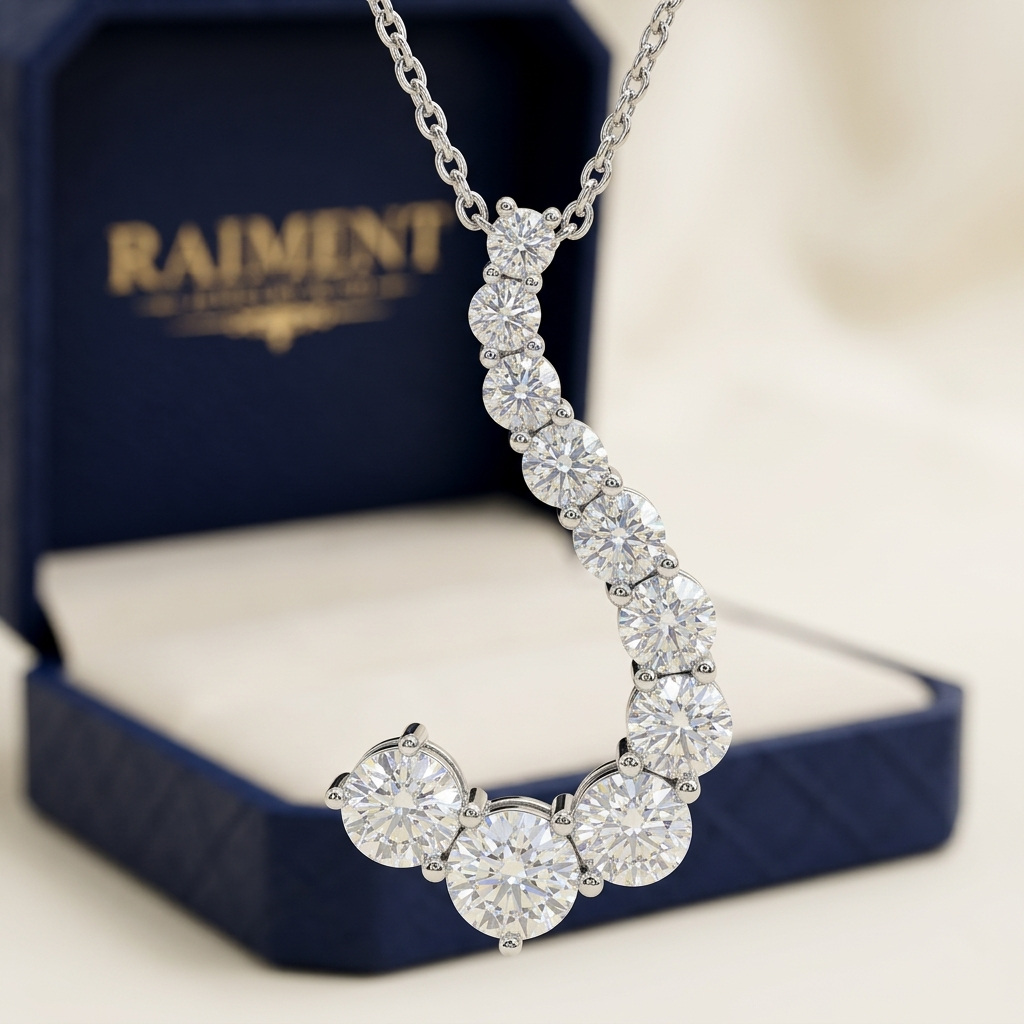 Moissanite graduated journey necklace macro close-up, Raiment Jewelry & Co.