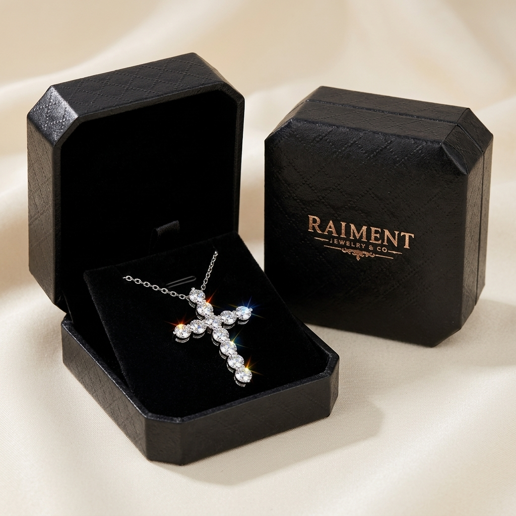 Raiment Jewelry & Co. moissanite heart flower pendant beside open jewelry box on cream background
