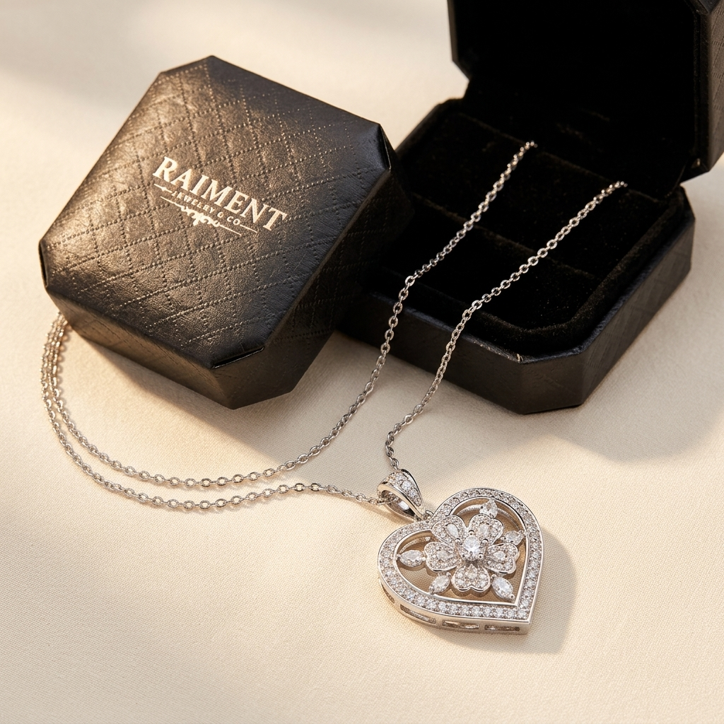 Moissanite heart flower pendant styled beside jewelry box on cream, Raiment Jewelry & Co.
