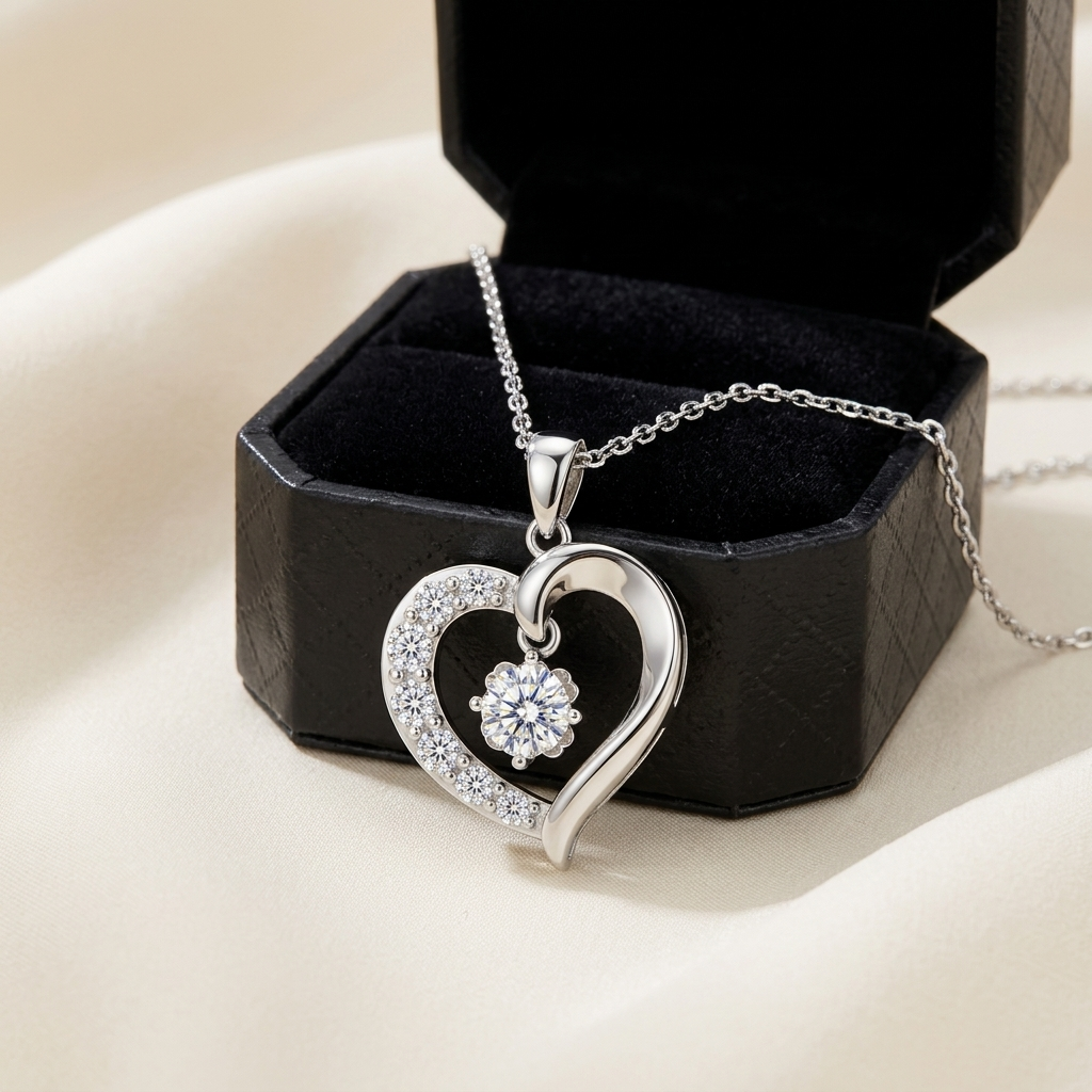 Raiment Jewelry & Co. moissanite rose flower heart pendant beside open jewelry box on cream background