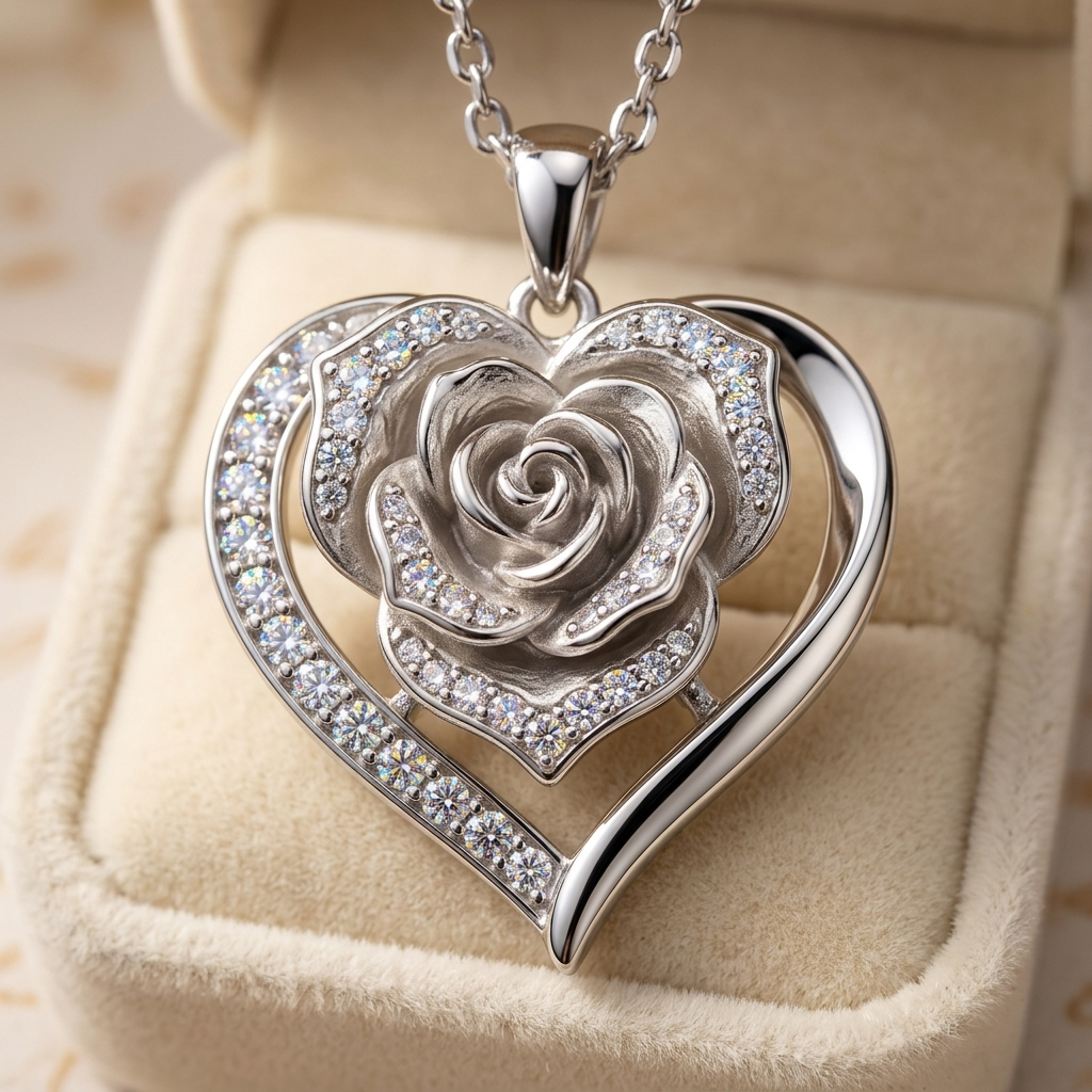 Moissanite rose flower heart pendant necklace macro close-up, Raiment Jewelry & Co.