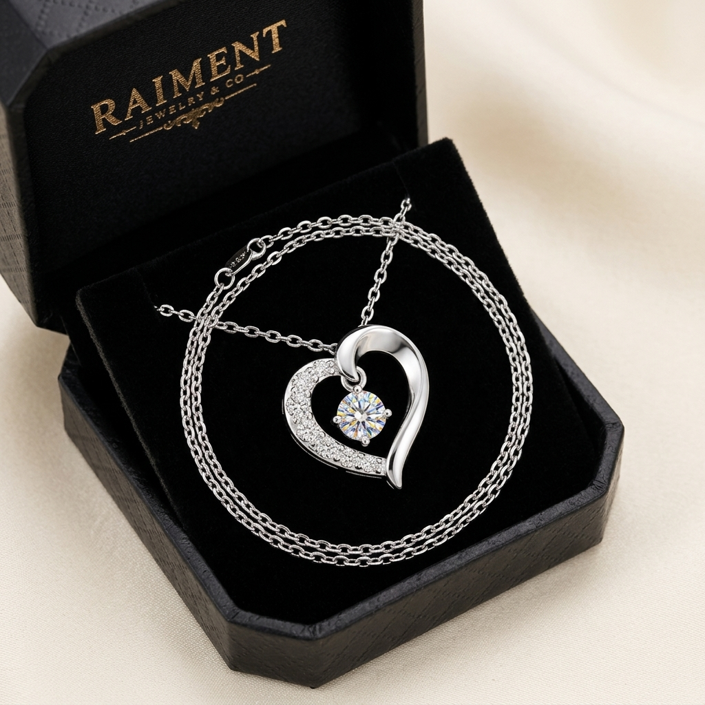 Moissanite rose flower heart pendant inside open jewelry box, Raiment Jewelry & Co.