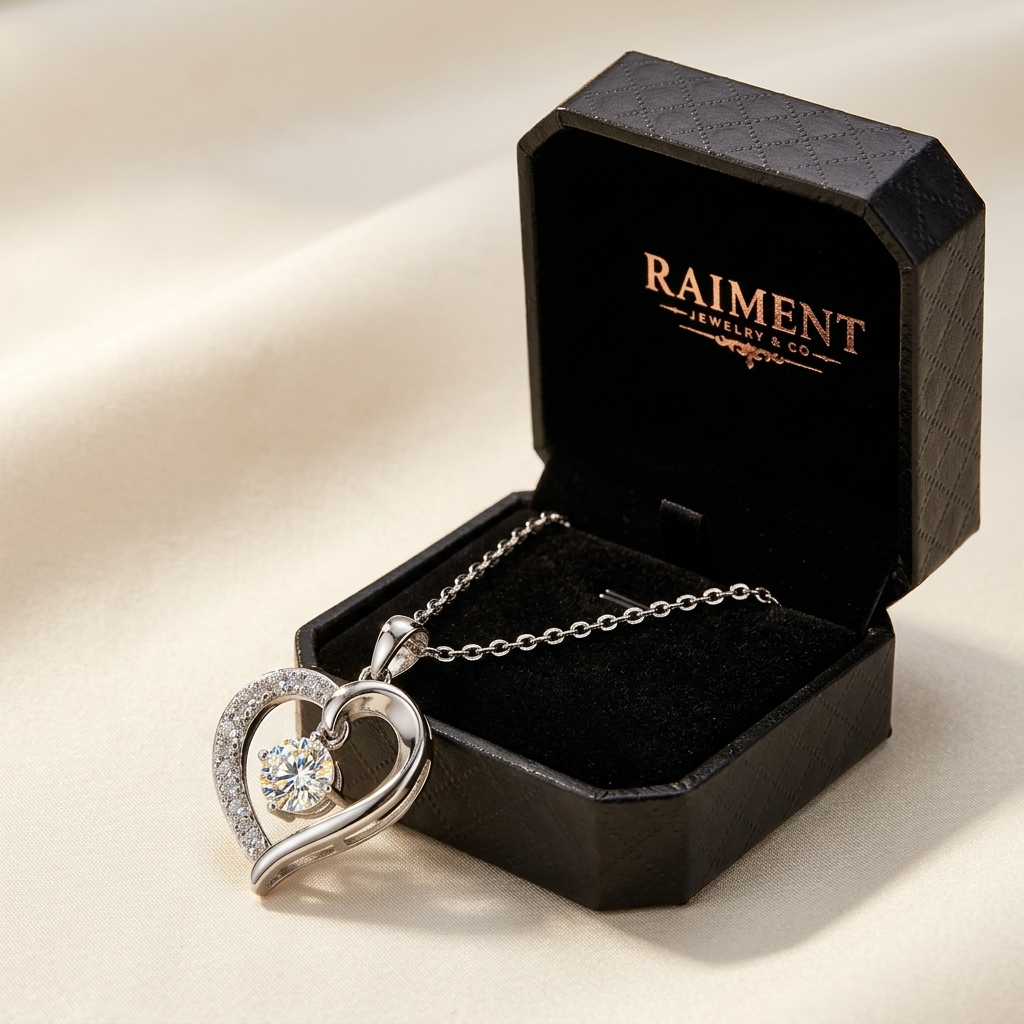 Moissanite rose flower heart pendant styled beside jewelry box on cream, Raiment Jewelry & Co.