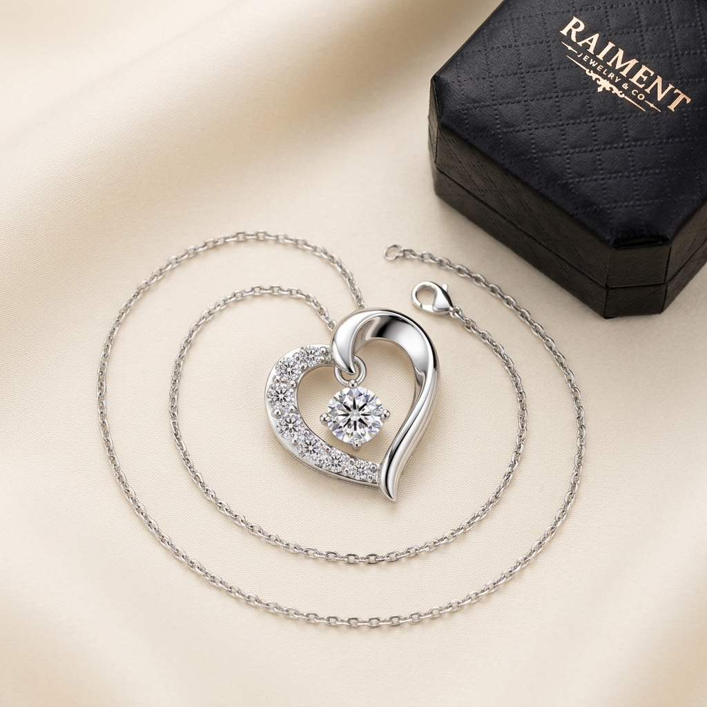 Moissanite rose flower heart pendant on cream background, Raiment Jewelry & Co.