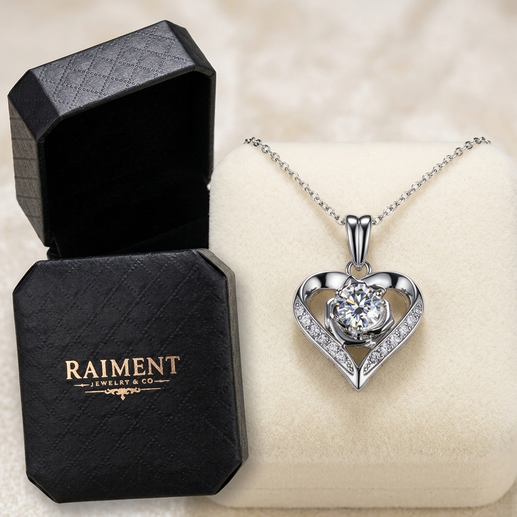 Raiment Jewelry & Co. moissanite rose heart pendant beside open jewelry box on cream background