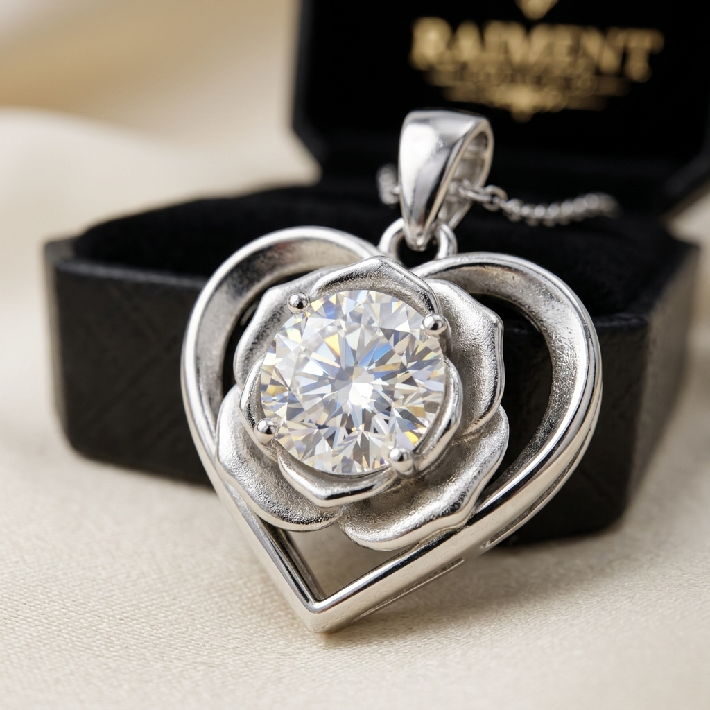 Moissanite rose heart pendant necklace macro close-up, Raiment Jewelry & Co.