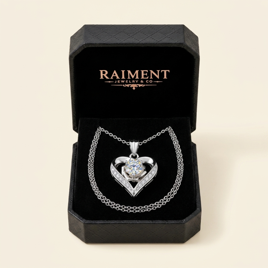 Moissanite rose heart pendant inside open jewelry box, Raiment Jewelry & Co.