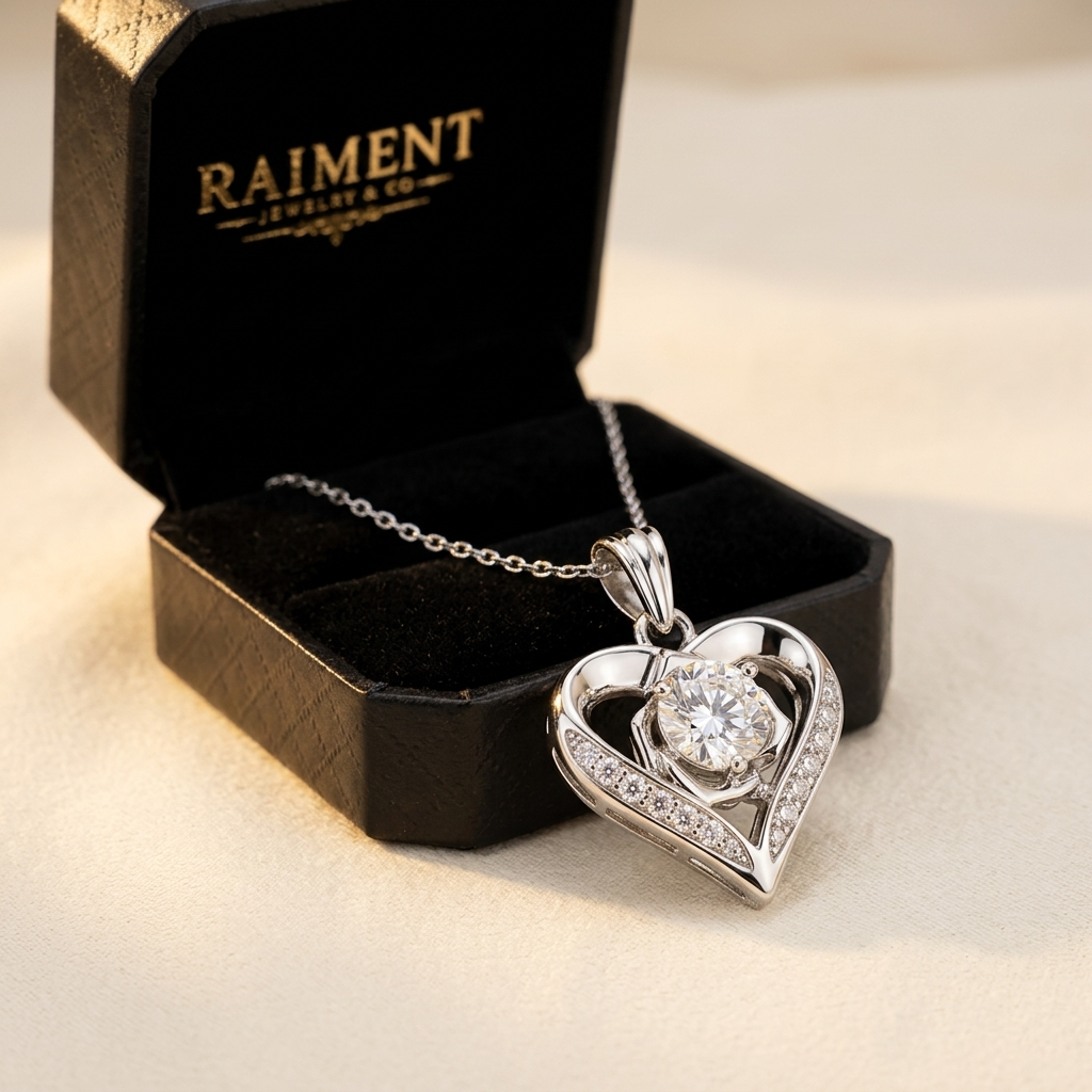 Moissanite rose heart pendant styled beside jewelry box on cream, Raiment Jewelry & Co.