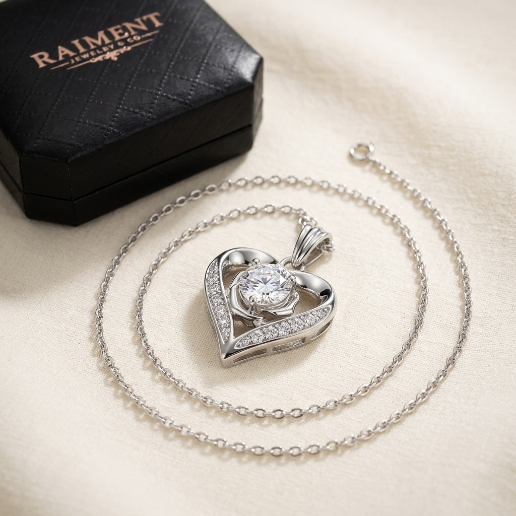 Moissanite rose heart pendant on cream background, Raiment Jewelry & Co.