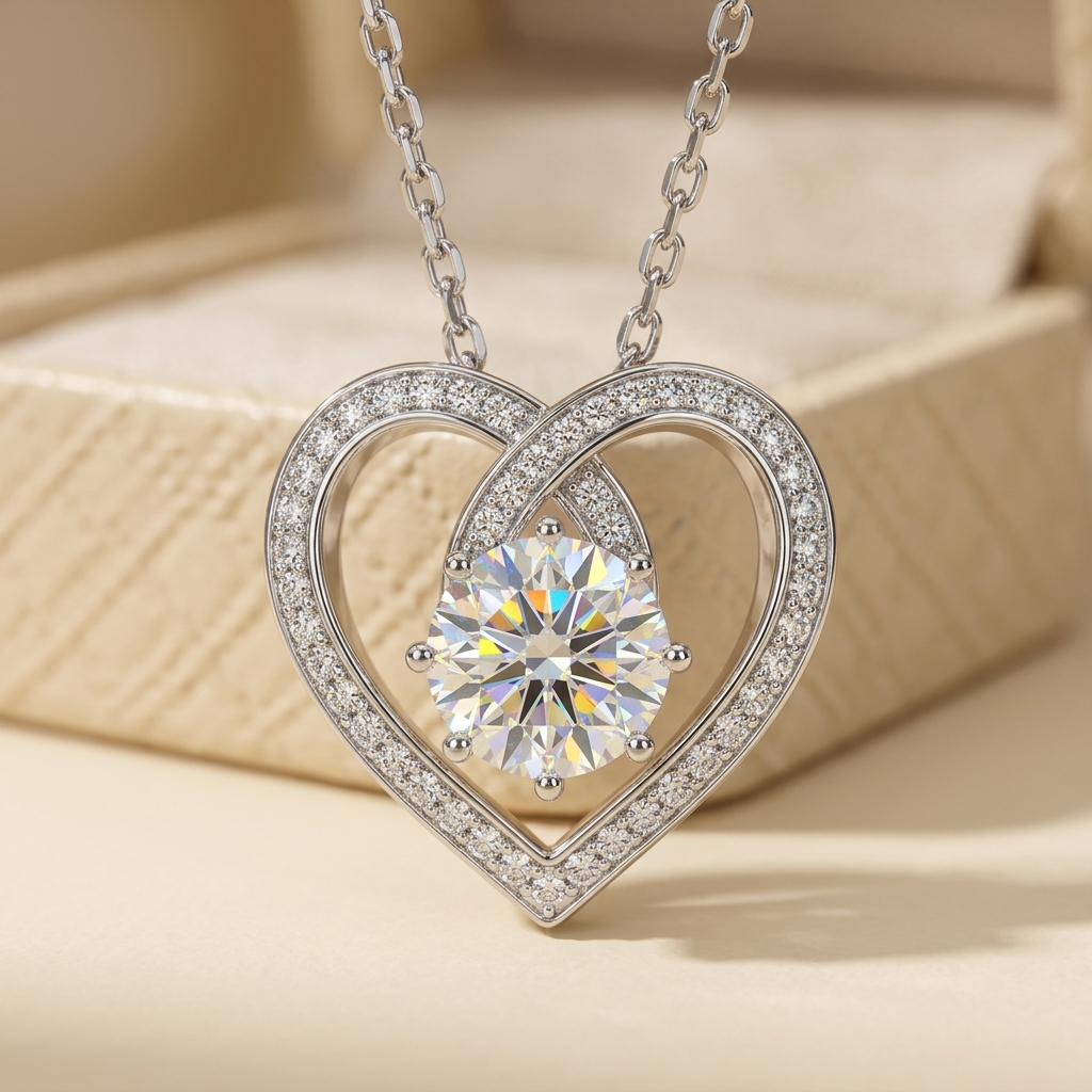 Moissanite infinity love heart pendant necklace macro close-up, Raiment Jewelry & Co.