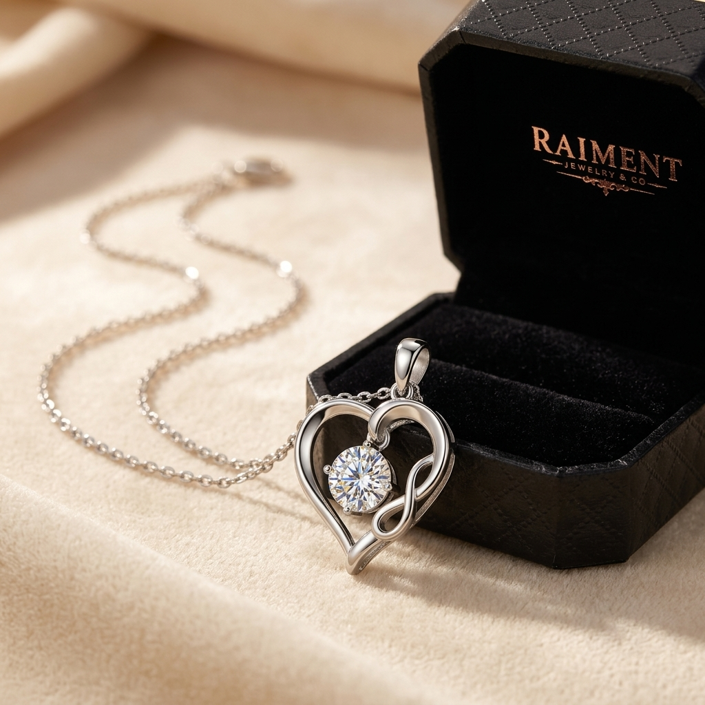 Moissanite infinity love heart pendant styled beside jewelry box on cream, Raiment Jewelry & Co.