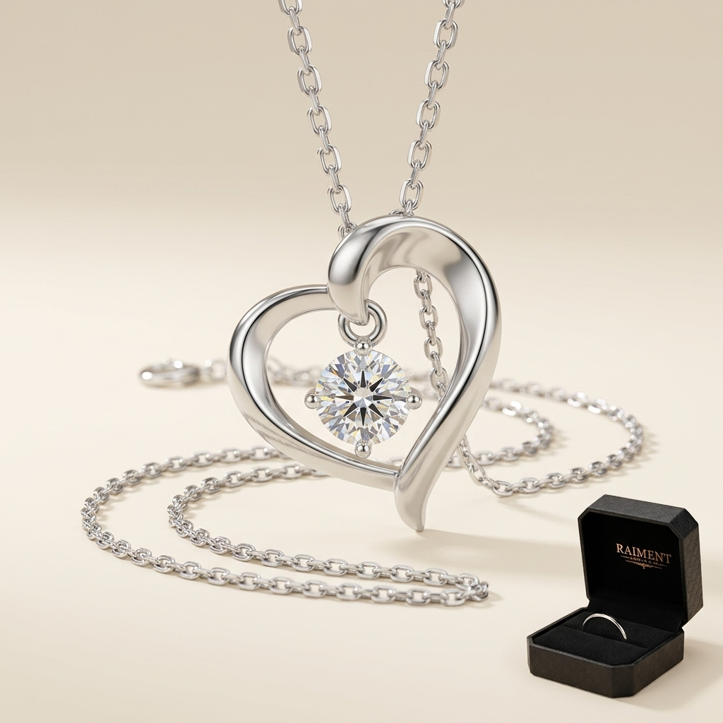 Moissanite infinity love heart pendant on cream background, Raiment Jewelry & Co.