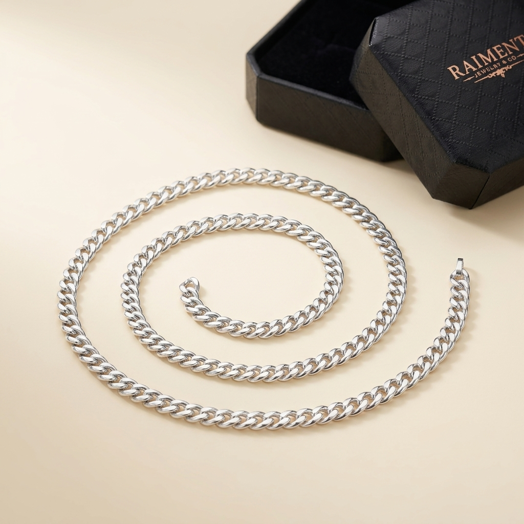 Sterling silver Cuban link chain on cream background, Raiment Jewelry & Co.